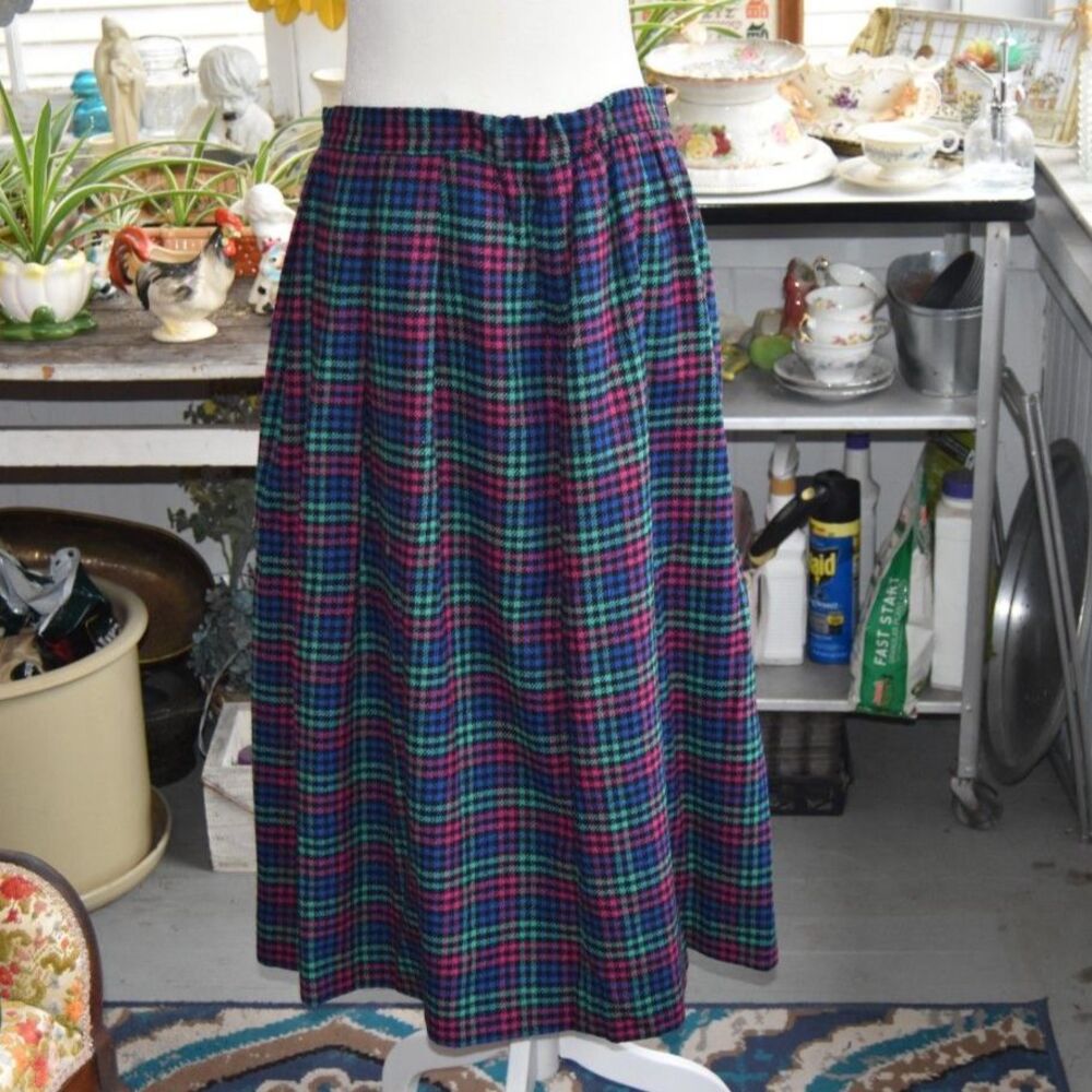 Vintage 1980s Jon Lawrence Plaid Midi Skirt 16W USA Pleated Jewel Tone